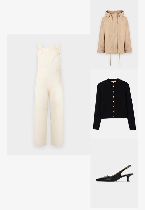 Beige Kapuzenjacke mit Frontreißverschluss, verstellbaren Kordelzügen an Kapuze und Saum, langen Ärmeln mit Druckknopfmanschetten und zwei Seitentaschen.; Cremefarbene Latzhose mit weitem Bein, Frontlatz, verstellbaren Schulterriemen und dezenten dekorativen Nähten.; Schwarze Strickjacke aus weichem Stoff, mit rundem Ausschnitt, langen Ärmeln und sechs golden glänzenden Knöpfen auf der Vorderseite.; Schwarzer Slingback-Schuh mit spitzer Kappe, niedrigem Absatz, goldener Schnallenschließe und ausgestelltem Absatz, präsentiert auf einem schlichten hellen Hintergrund.
