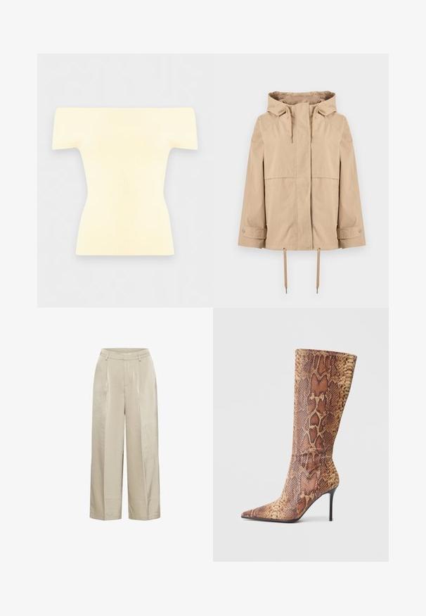 Veste beige à capuche avec fermeture éclair frontale, cordons réglables à la capuche et à l'ourlet, manches longues avec poignets à boutons-pression, et deux poches latérales.; Haut court crème en tricot côtelé à épaules dénudées et à manches courtes avec une silhouette cintrée à la taille sur un fond gris clair.; Pantalon beige taille haute à jambes larges avec passants de ceinture, plis à l'avant et texture de tissu lisse légèrement brillante.; Bottine à talon haut et à bout pointu en imprimé serpent, offrant un ajustement serré, une texture douce et un talon aiguille noir élégant.