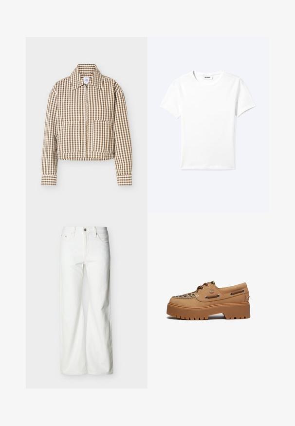 Bruin-wit geblokt jack met lange mouwen, een kraag, een ritssluiting aan de voorkant, twee zakken aan de voorkant en rechte manchetten.; Effen wit T-shirt met korte mouwen en ronde hals met een klein "WEEKDAY" label aan de binnenkant van de hals, plat neergelegd op een lichte achtergrond.; Witte jeans met rechte pijpen en hoge taille, voorzien van een knoopsluiting aan de voorkant, rits, en zij- en achterzakken, tegen een effen lichte achtergrond.; Timberland STONE STREET - Bootschoenen - medium beige