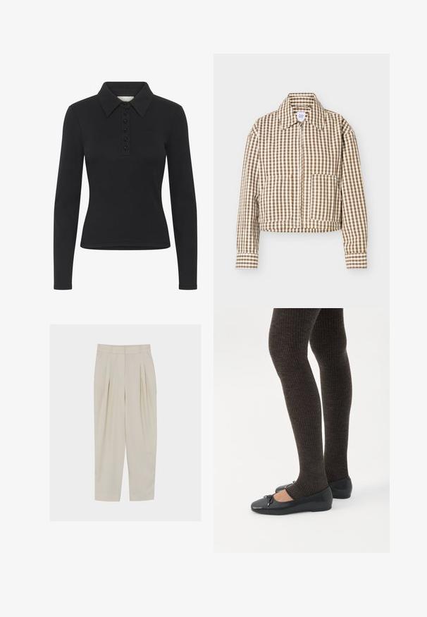 Brun og hvid ternet jakke med lange ærmer, krave, lynlås foran, to forlommer og lige manchetter.; Sort langærmet polo-shirt med ribbet struktur, knaplukning og et subtilt logo. Har en klassisk krave-design.; Beige højttaljede skræddersyede bukser med folder, sidelommer, bæltestropper og lynlås foran.; Ben iført mørke ribbede leggings kombineret med sorte balletsko med små sløjfedetaljer på hvid baggrund.