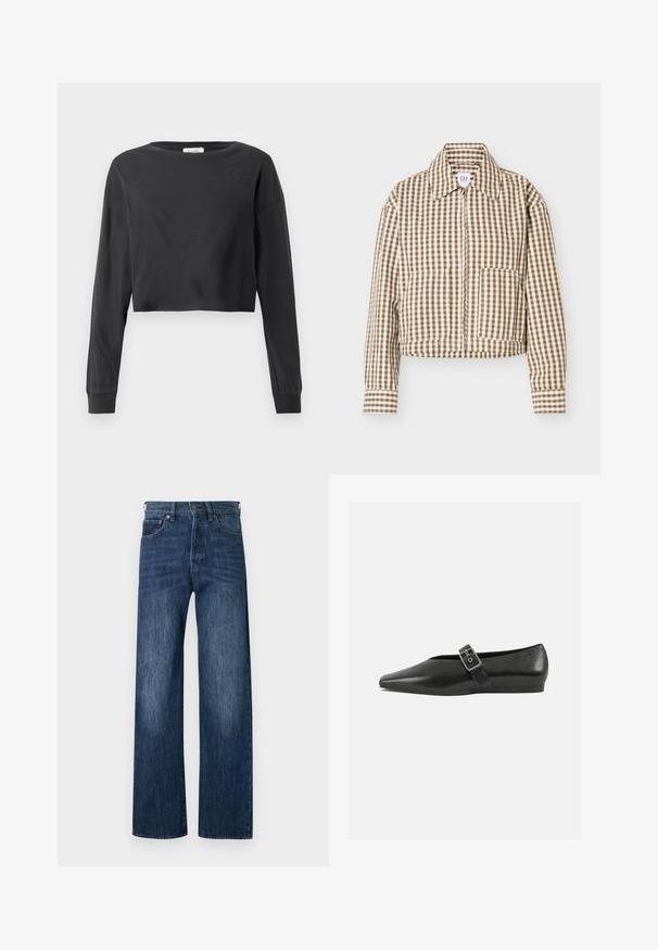 Braun-weiß karierte Langarmjacke mit Kragen, Reißverschluss vorne, zwei Fronttaschen und geraden Bündchen.; Schwarzes, kurz geschnittenes Langarmshirt mit rundem Ausschnitt und gerippten Bündchen auf einem weißen Hintergrund.; Blaue Denim-Jeans mit weitem Bein, glatter Textur, Fünf-Taschen-Design und Knopfverschluss. Mit leicht ausgebleichten Bereichen für zusätzliche Details.; Schwarze Lederflachschuhe mit spitzem Zehenbereich, ausgestattet mit einem metallischen Riemen über dem Spann und einer niedrigen, flexiblen Sohle.