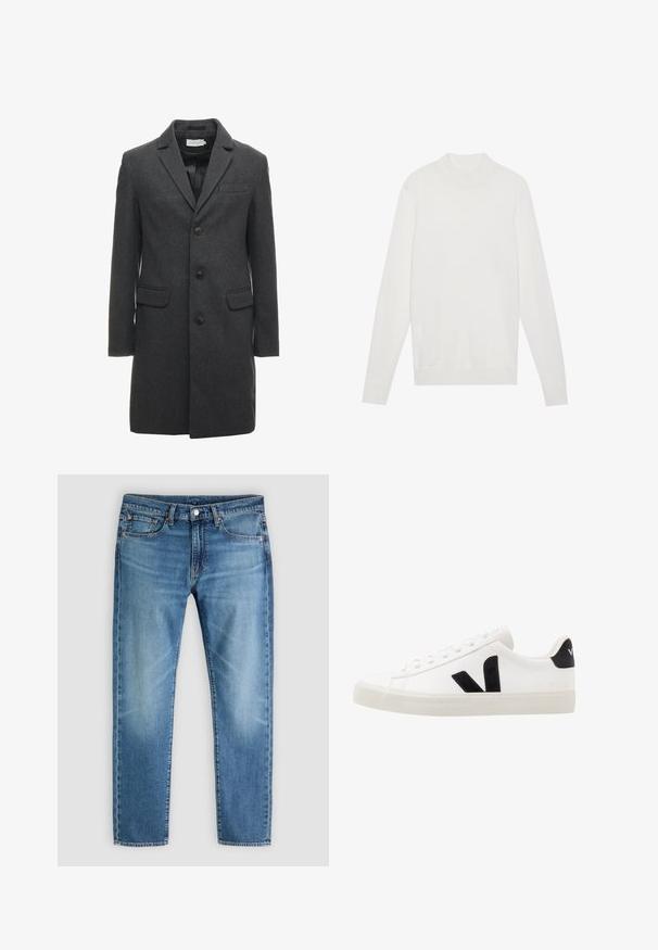Manteau en mélange de laine gris foncé avec un design à boutonnage simple, revers crantés et deux poches à l'avant. Comprend six boutons à l'avant.; Pull-over blanc avec un col montant, des manches longues et des poignets et un ourlet côtelés. Fabriqué en tissu tricoté doux. Design simple et ajusté.; Jean en denim bleu clair avec une coupe droite, style traditionnel à cinq poches et décoloration subtile. Comprend une fermeture par bouton et des passants pour ceinture.; Sneaker blanche en cuir avec des accents en daim noir ; dispose d'une semelle en caoutchouc, d'un bout rond et d'un design classique à lacets. Logo latéral en noir.