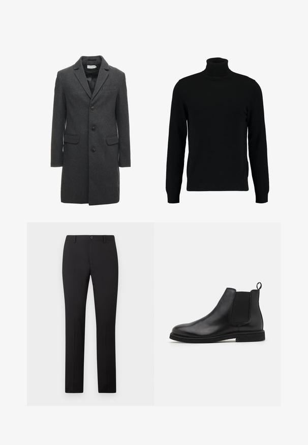 Manteau en mélange de laine gris foncé avec un design à boutonnage simple, revers crantés et deux poches à l'avant. Comprend six boutons à l'avant.; Un pull à col roulé noir en matière tricotée douce. Il possède des manches longues, un col et un ourlet côtelés. Son design est simple et épuré, sans motifs.; Pantalon noir sur mesure avec une coupe droite, doté d'une fermeture à bouton et de passants pour ceinture. Confectionné dans un tissu lisse sans motifs apparents.; Bottines Chelsea en cuir noir avec panneaux élastiques sur les côtés et une languette. Bout arrondi et semelle en caoutchouc plate, mettant en valeur une finition lisse.