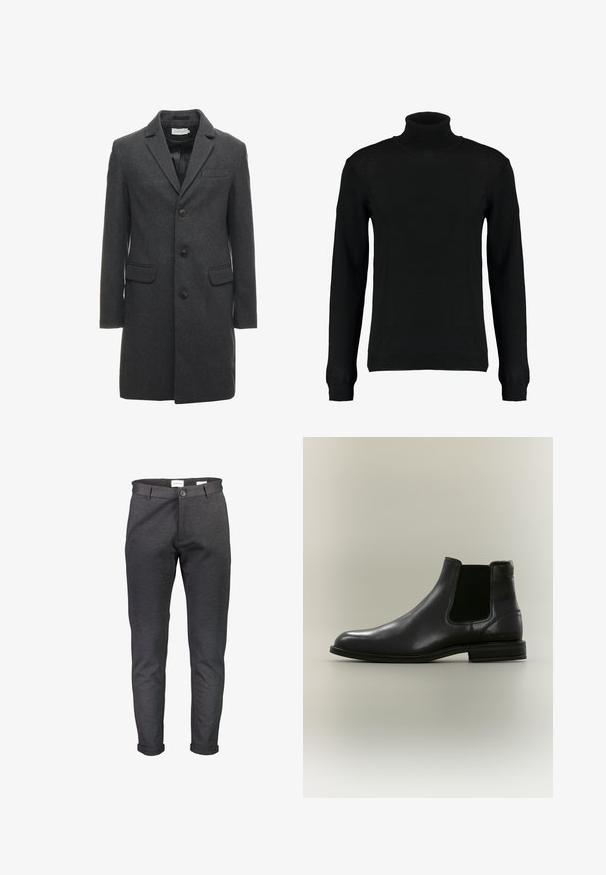 Dunkelgrauer Wollmischungsmantel mit einreihigem Design, notch-Kragen und zwei frontalen Taschen. Mit sechs Knöpfen auf der Vorderseite.; Schwarzer Rollkragensweater aus glattem Strickstoff, mit langen Ärmeln und tailliertem Schnitt. Rippbündchen und Saum.; Schmal geschnittene, dunkelgraue Hose aus weichem Stoff, mit Knopfverschluss, Gürtelösen und hochgekrempelten Beinen. Glatte Textur ohne Muster.; Schwarzer Leder-Chelsea-Stiefel mit elastischem Seitenpanel und niedrigem Absatz, von der Außenseite auf neutralem Hintergrund gezeigt.