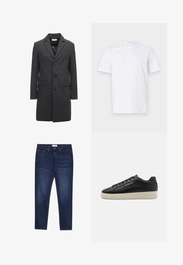Mørkegrå uldblandet overfrakke med enkeltknapdesign, krave med spidser og to forlommer. Har seks knapper på forsiden.; Hvid bomulds t-shirt med rund halsudskæring og korte ærmer. Glat tekstur, lige snit og minimalistisk design uden mønstre eller accenter.; Mørkeblå slim-fit jeans med fem lommer, knaplukning og kontrastsying, mærket Pier One på livlinen.; Sorte lædersneakers med en glat finish, kontrasterende cremefarvet sål, rund tå, guld logo på siden og seks huller til snørebånd.