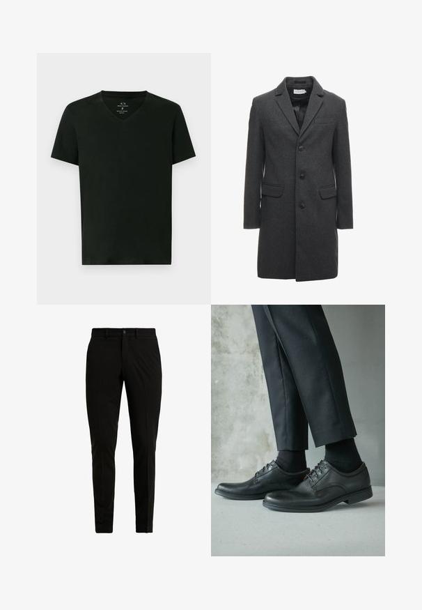 Dunkelgrauer Wollmischungsmantel mit einreihigem Design, notch-Kragen und zwei frontalen Taschen. Mit sechs Knöpfen auf der Vorderseite.; Schwarzes Armani Exchange Herren Baumwoll-T-Shirt mit kurzen Ärmeln und V-Ausschnitt, Größe M, flach auf weißem Hintergrund präsentiert.; Schwarze, maßgeschneiderte Hosen aus glattem Stoff, mit flachem Frontbereich, zwei Seitentaschen und einem einzigen Knopfverschluss.; Schwarze Lederschuhe getragen mit schwarzen Socken und schwarzen maßgeschneiderten Hosen vor einem grauen Beton- und glatten Wandhintergrund.