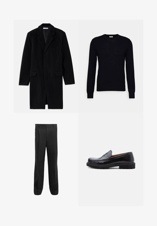 Sort uldfrakke med notched krave, struktureret design, to forlommer og enkelt knaplukning. Glat tekstur og skræddersyet pasform.; Sort langærmet sweater lavet af blødt strikket materiale. Rund halsudskæring, ribbede manchetter og kant. Minimalistisk design uden synlige mønstre eller knapper.; Sorte bukser med lige ben, der har plisseringer, en enkelt knaplukning og bæltests. Fremstillet af glat stof.; Sorte læder penny loafer med chunky gummisål og moc toe syninger, vist i profil på en hvid baggrund.