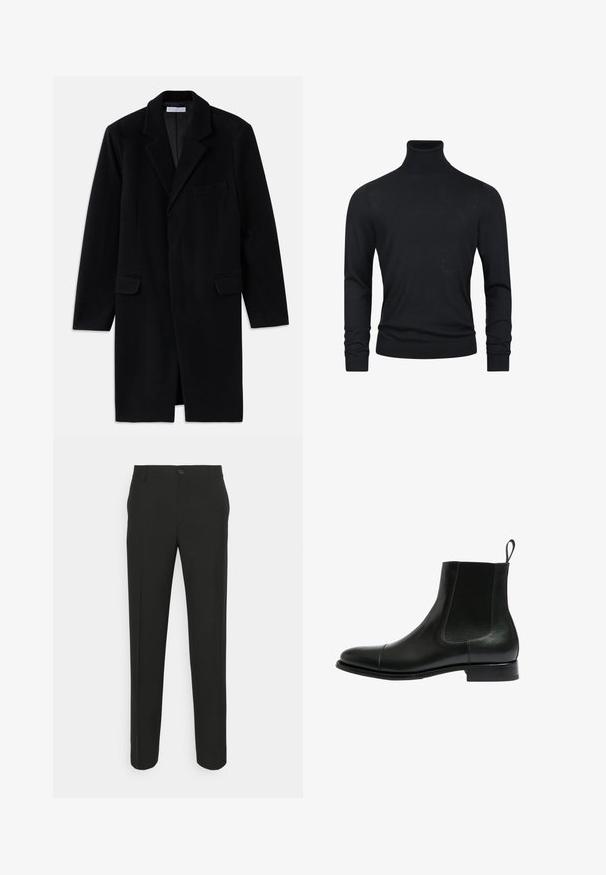 Sort uldfrakke med notched krave, struktureret design, to forlommer og enkelt knaplukning. Glat tekstur og skræddersyet pasform.; Sort turtleneck sweater med lange ærmer, lavet af et glat strikstof, med ribbede manchetter og søm for et tætsiddende udseende.; Sorte skræddersyede bukser med lige snit, der har en enkelt knaplukning og bæltestropper. Glat, mat stof uden mønstre.; Sort læder ankelstøvle med elastiske sidepaneler, rund tå og en lav, stablet hæl. Har en grebsløkke for nem påtagning.