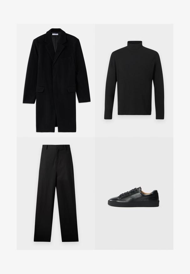 Sort uldfrakke med notched krave, struktureret design, to forlommer og enkelt knaplukning. Glat tekstur og skræddersyet pasform.; Sort turtleneck skjorte lavet af glat stof. Har lange ærmer og en høj krave. Enkel design uden yderligere mønstre eller accenter.; Sorte bukser lavet af bomuld med lige ben-design, der har en frontknaplukning og sidelommer. Glat tekstur, ingen mønstre.; Sorte lædersneakers med en glat overflade, rund tå og snørebåndslukning. Har en tyk gummisål og minimal branddetalje.