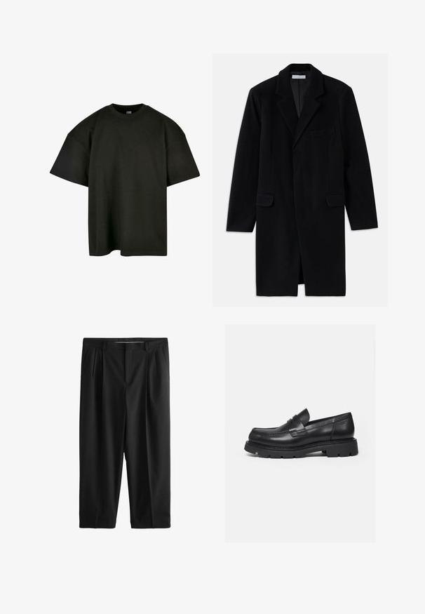 Sort uldfrakke med notched krave, struktureret design, to forlommer og enkelt knaplukning. Glat tekstur og skræddersyet pasform.; Sort oversized t-shirt i blød bomuld. Har en rund crew neckline og korte ærmer, med en glat tekstur og minimalistisk design.; Sorte skræddersyede bukser med forreste læg, sidelommer, bæltestropper og et lige ben på hvid baggrund.; Sort læderloafer med tyk rillede sål og penny-remdetalje, vist i højre sideprofil på hvid baggrund.