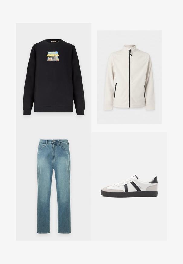Λευκό fleece μπουφάν με φερμουάρ, μακριά μανίκια, ψηλός γιακάς και δύο πλαϊνές τσέπες με φερμουάρ, παρουσιασμένο σε απλό φόντο.; Μαύρο φούτερ με μακριά μανίκια και ένα πολύχρωμο μικρό γραφικό ενός καταστήματος με κίτρινη ριγωτή τέντα στο κέντρο του στήθους.; Ανοιχτό μπλε τζιν με ίσια γραμμή, ξεθωριασμένο λεοπαρ μοτίβο στα πλαϊνά, μπροστινό κουμπί και κλασικό σχέδιο με πέντε τσέπες.; Λευκό αθλητικό παπούτσι με μαύρες και γκρί λεπτομέρειες, featuring ένα υφή γκρί καλύμμα δαχτύλου, μαύρη καουτσούκ σόλα και επίπεδες λευκές κορδόνες. Καθαρός σχεδιασμός, μινιμαλιστικό στυλ.