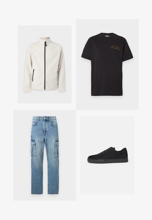 Λευκό fleece μπουφάν με φερμουάρ, μακριά μανίκια, ψηλός γιακάς και δύο πλαϊνές τσέπες με φερμουάρ, παρουσιασμένο σε απλό φόντο.; Μαύρο βαμβακερό μπλουζάκι με κοντά μανίκια, με πορτοκαλί κεντημένο κείμενο: «Αρκετά κουβέντιασες, δείξε μου τη λίστα αναπαραγωγής σου» στο στήθος.; Φωτεινά γαλάζια τζιν cargo με ψηλή μέση, κούμπωμα με κουμπί και φερμουάρ μπροστά, τσέπες με καπάκι μπροστά και στα πλαϊνά, ίσια γραμμή στο πόδι.; Μαύρο sneaker χαμηλού τύπου με κορδόνια εμπρός και επίπεδη λαστιχένια σόλα, εμφανίζεται από το πλάι σε λευκό φόντο.