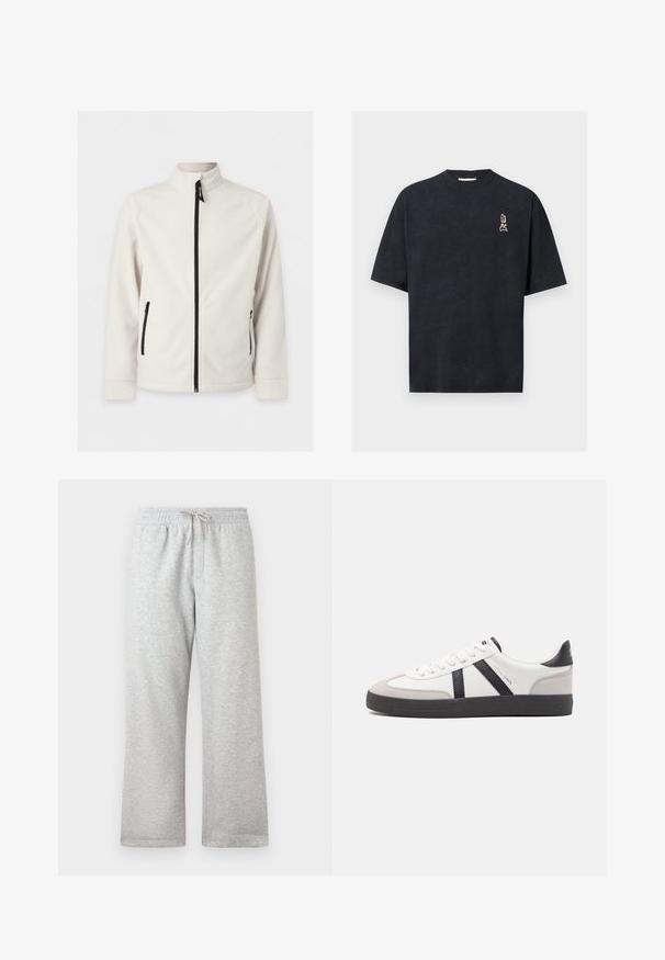 Λευκό fleece μπουφάν με φερμουάρ, μακριά μανίκια, ψηλός γιακάς και δύο πλαϊνές τσέπες με φερμουάρ, παρουσιασμένο σε απλό φόντο.; Μαύρη κοντομάνικη μπλούζα με στρογγυλή λαιμόκοψη και μικρούς μπεζ χαρακτήρες ιαπωνικού στυλ στο άνω αριστερό μέρος του στήθους.; Ανοιχτό γκρι φόρμες με ελαστική μέση και μπεζ κορδόνι, ίσια εφαρμογή, εμφανίζονται σε λευκό φόντο.; Λευκό αθλητικό παπούτσι με μαύρες και γκρί λεπτομέρειες, featuring ένα υφή γκρί καλύμμα δαχτύλου, μαύρη καουτσούκ σόλα και επίπεδες λευκές κορδόνες. Καθαρός σχεδιασμός, μινιμαλιστικό στυλ.