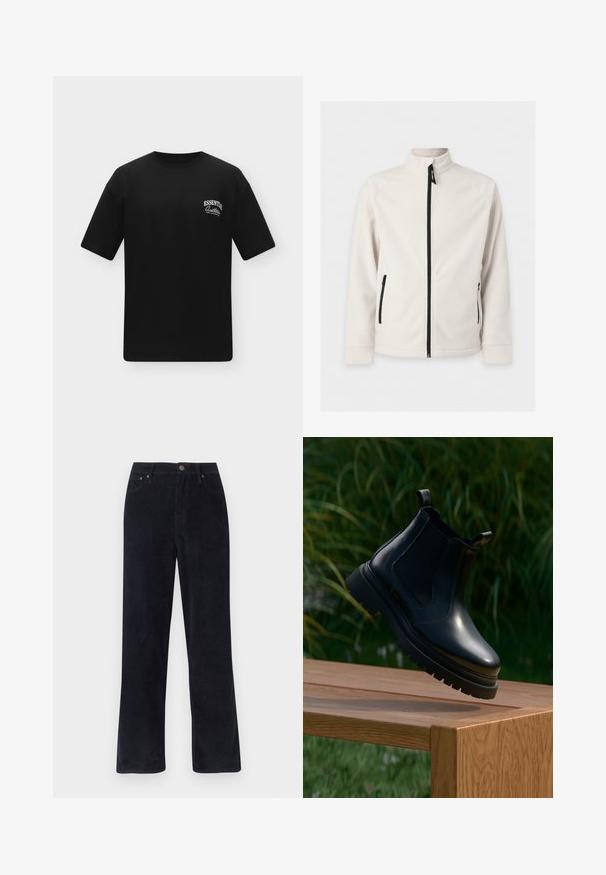 Λευκό fleece μπουφάν με φερμουάρ, μακριά μανίκια, ψηλός γιακάς και δύο πλαϊνές τσέπες με φερμουάρ, παρουσιασμένο σε απλό φόντο.; Μαύρο κοντομάνικο μπλουζάκι με μικρό λευκό κείμενο λογότυπο στο αριστερό στήθος που γράφει "ESSENTIAL Our Collection" σε απλό φόντο.; Μαύρο παντελόνι καπιτονέ με φαρδύ πόδι, διαθέτοντας υφή με ραβδωτό σχέδιο, μπροστινή κουμπότρυπα και δύο πλαϊνές τσέπες.; Μαύρη δερμάτινη μποτάκι Chelsea με στρογγυλή μύτη, παχιά καουτσούκ σόλα και πλάγιες ελαστικές πινακίδες, τοποθετημένη σε ξύλινη επιφάνεια με φ foliage στο background.
