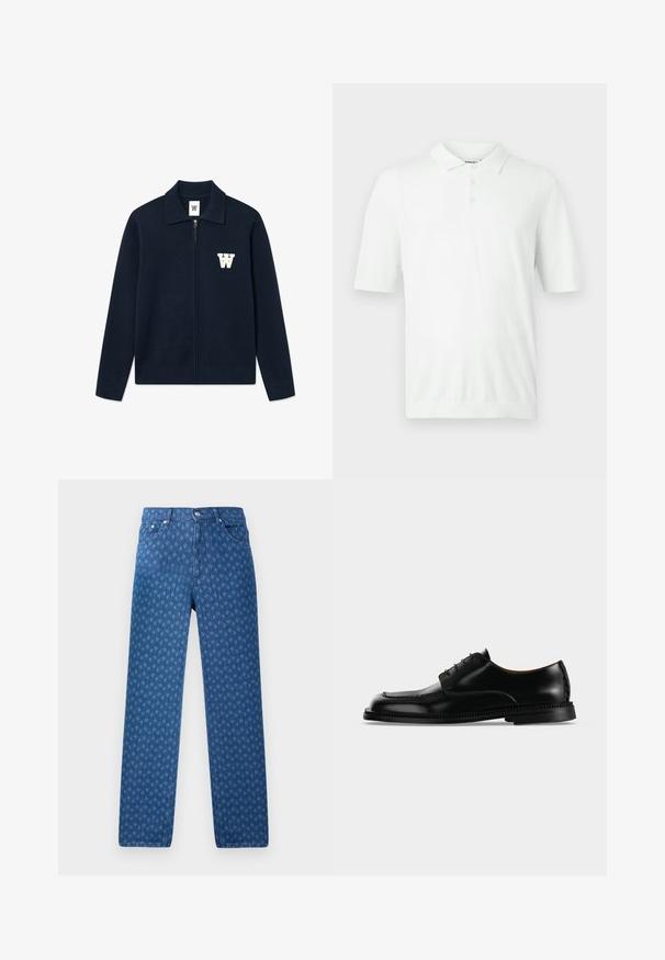 Tmavomodrý pletený kardigán na zips s plochým golierom, rebrovanými manžetami a lemom, s bielym stylizovaným logom "W" na ľavej strane hrude.; Biela polo košeľa s krátkym rukávom, golierom, tromi gombíkmi a jemným textúrovaným pleteným vzorom na predných paneloch.; Modré denimové džínsy s opakujúcim sa textúrovaným vzorom, dizajnom s piatimi vreckami a gombíkovým zapínaním na páse. Rovný strih nohavíc.; Čierna lesklá kožená elegantná topánka so šnúrkami a hrubou detailnou podrážkou, zobrazená z pravej strany na jednoduchom svetlom pozadí.
