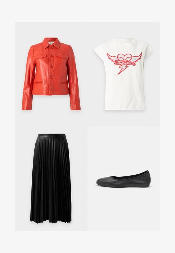 Rote Lederjacke mit langen Ärmeln, Knopfverschluss vorne, zwei oberen Klappentaschen und zwei unteren Paspeltaschen.; Weißes Baumwoll-T-Shirt mit kurzen Kappärmeln, das ein rotes grafisches Motiv eines Herzens mit Flügeln und einem Blitz zeigt, umgeben von Nietenakzenten.; Schwarzer gefälteter Rock aus strukturiertem Material, mit einem enganliegenden Bund und langen, fließenden Falten, die bis zur Mitte der Wade reichen.; Schwarze Leder-Ballettschuhe mit abgerundeter Spitze, glatter Textur, minimalen Nähdetails und einem flexiblen Sohlen-Design.