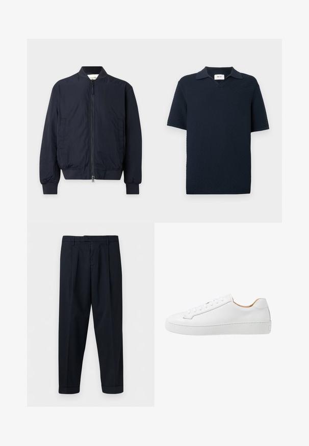 Blouson aviateur bleu marine avec fermeture éclair à l'avant, col, poignets et taille côtelés, et deux poches latérales sur un fond uni.; Polo bleu marine à manches courtes avec un motif ondulé texturé et un petit col ouvert, présenté sur un fond blanc.; Pantalon bleu marine ajusté avec passants de ceinture, plis à l'avant et ourlets retroussés, présenté sur un fond blanc.; Sneaker en cuir blanc avec une finition lisse, bout rond, design plat à lacets, et une semelle en caoutchouc épaisse présentant un motif de grip texturé.