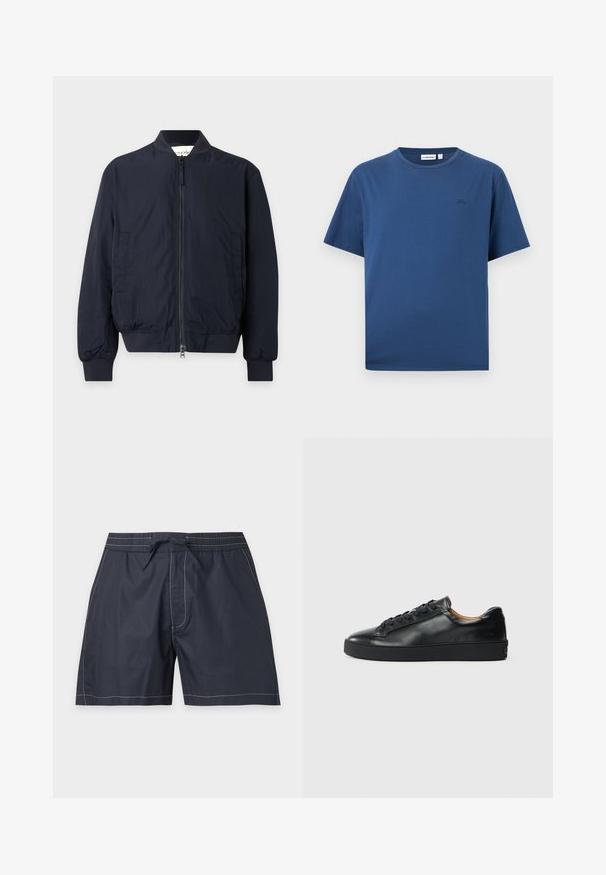 Blouson aviateur bleu marine avec fermeture éclair à l'avant, col, poignets et taille côtelés, et deux poches latérales sur un fond uni.; T-shirt bleu uni à manches courtes et col rond avec petit logo ton sur ton sur le côté gauche de la poitrine, présenté sur un fond blanc.; Short de bain bleu marine avec coutures blanches, taille élastique, poches latérales et fermeture à nouer sur le devant.; Baskets en cuir noir avec une texture lisse, bout rond et fermeture à lacets. Comprend une semelle en caoutchouc épaisse et un minimum de détails de marque.