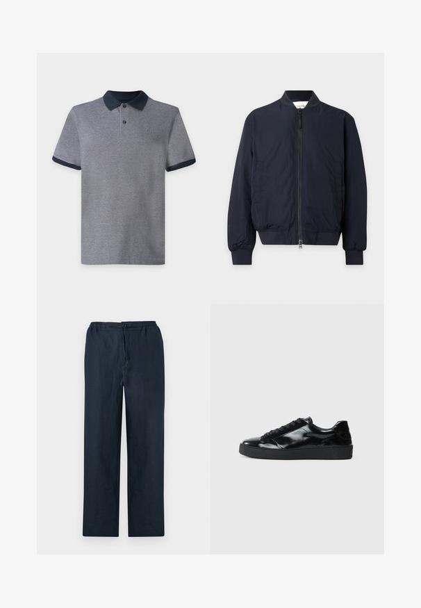 Blouson aviateur bleu marine avec fermeture éclair à l'avant, col, poignets et taille côtelés, et deux poches latérales sur un fond uni.; Polo gris à manches courtes avec col et bords de manches bleu marine foncé, doté de deux boutons et d’un petit logo sur la poitrine sur un fond uni.; Pantalon bleu marine foncé droit avec taille élastique, fermeture boutonnée et fermeture éclair devant sur un fond uni clair.; Baskets en cuir verni noir avec un bout arrondi, un laçage, une semelle en caoutchouc texturé et une finition lisse.