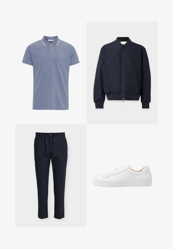 Blouson aviateur bleu marine avec fermeture éclair à l'avant, col, poignets et taille côtelés, et deux poches latérales sur un fond uni.; Polo bleu clair en tissu texturé, avec un col à boutons, des finitions blanches contrastantes sur le col et les manches, et un petit logo.; Pantalon homme bleu marine ajusté avec passants de ceinture, bouton sur le devant, fermeture éclair et cordon noir sur fond blanc.; Sneaker en cuir blanc avec une finition lisse, bout rond, design plat à lacets, et une semelle en caoutchouc épaisse présentant un motif de grip texturé.