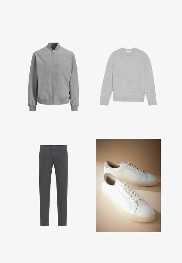 Chaqueta bomber gris claro con cremallera frontal, cuello, puños y dobladillo de canalé, mostrada sobre un fondo blanco.; Suéter de lana gris claro con cuello redondo, mangas largas y puños y dobladillo acanalados. Textura suave con un diseño sólido y minimalista.; Pantalones grises de corte ajustado, elaborados en suave algodón. Presentan un cierre con botón, presillas para cinturón y un diseño limpio y aerodinámico. Sin patrones visibles.; Zapatillas blancas de cuero con una lengüeta de talón de ante beige texturizado. Presentan un diseño de cordones, perforaciones mínimas y una suela gruesa y translúcida.