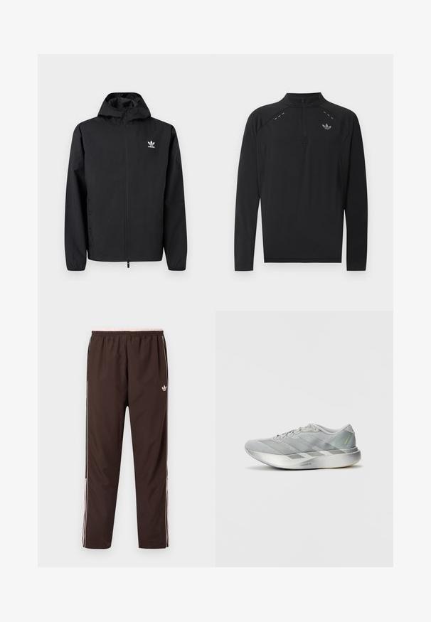 Chaqueta negra con capucha y cremallera de Adidas, con mangas largas y logo en el pecho izquierdo, mostrada sobre un fondo liso claro.; Top deportivo negro de manga larga con cremallera hasta el cuarto, cuello alto, logo reflectante de adidas en el pecho y pequeños detalles de costura reflectante en los hombros.; Pantalones deportivos marrones con cintura elástica, con detalles en rosa y franjas laterales blancas. Fabricados con una tela suave y ligera.; Zapatilla deportiva ligera en color gris con un diseño elegante, que presenta una parte superior texturizada, tres rayas diagonales y una suela reflectante en color plateado.