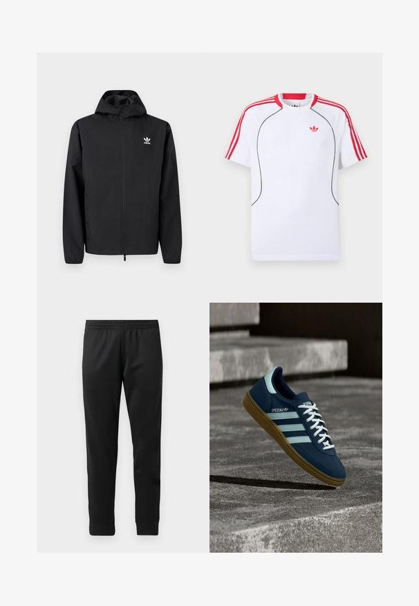 Must Adidasi kapuutsiga tõmblukuga jakk pikkade varrukatega ja logoga vasakul rinnal, eksponeeritud ühtlasel heledal taustal.; Valge lühikeste varrukatega spordisärk punaste triipudega õlgadel ja varrukatel, musta ääristusega ees ning punase Adidas trefoiliga rinnal.; Mustad mustad spordipüksid, mis on valmistatud siledast kangast, elastse vöökohtaga, kitsenevate jalgadega ja ribaga pahkluude juures.; Sinine Adidas Spezial tennisk, valgete triipude ja paeltega, kummist tallaga, hõljub kareda betoonpinna ja sammude kohal taustal.