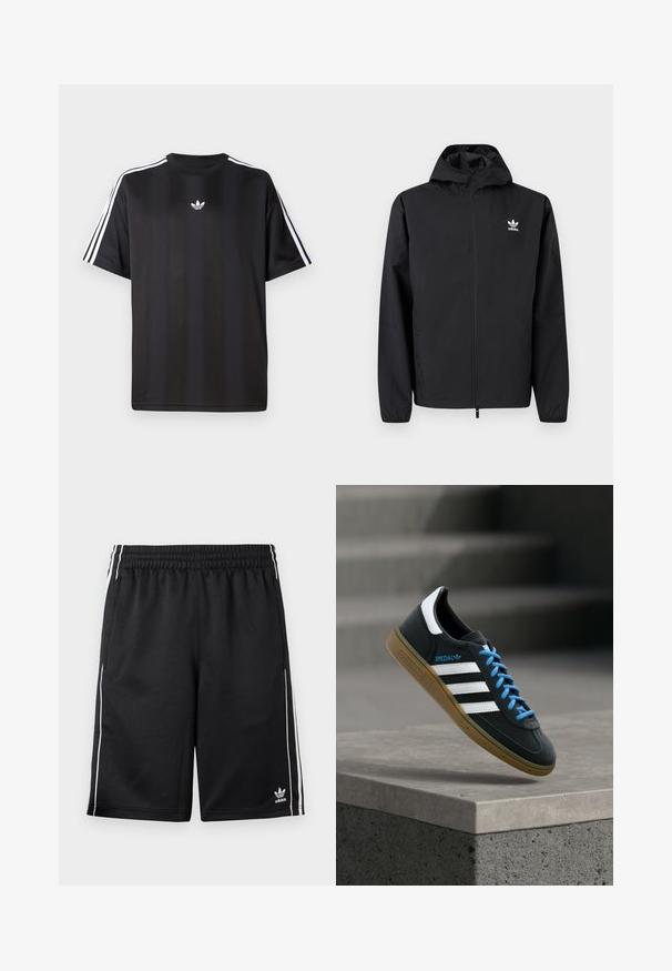 Sort Adidas hættejakke med lynlås, lange ærmer og logo på venstre bryst, vist på en ensartet lys baggrund.; Sort t-shirt med korte ærmer, hvide tre-stribede design på skuldrene og en lille hvid logo på brystet. Fremstillet af letvægtsstof.; Sorte Adidas sportsshorts med hvide siderstriber, elastisk taljebånd, sidelommer og Adidas-logo på den nederste venstre ben.; Sort Adidas sneaker med hvide striber, blå snørebånd og gummisål, der svæver over gråt betontrin i blødt lys.