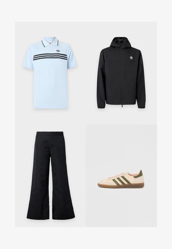 Μαύρο φούτερ Adidas με κουκούλα και φερμουάρ, μακριά μανίκια και λογότυπο στο αριστερό μέρος του στήθους, εμφανίζεται σε απλό φωτεινό φόντο.; Φωτεινό γαλάζιο πόλο μπλουζάκι από υφασμάτινο υλικό με μαύρες ρίγες υπογράμμισης και μαύρο λογότυπο στο στήθος. Διαθέτει γιακά με γιακά.; Μαύρο παντελόνι σε φαρδύ στιλ από λείο ύφασμα, με πτυχές μπροστά και ζώνη. Καθαρός σχεδιασμός χωρίς ορατά μοτίβα ή λεπτομέρειες.; Χαμηλού προφίλ μπεζ αθλητικό παπούτσι Adidas Spezial με πράσινες ρίγες, σόλα από καουτσούκ και την επωνυμία "SPEZIAL" στην πλευρά, εμφανίζεται από την εξωτερική πλευρά.