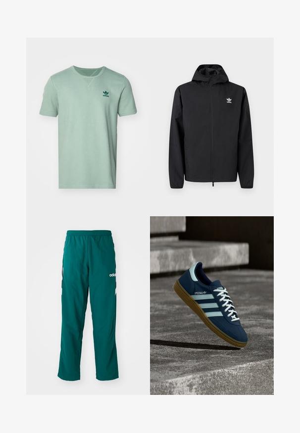 Čierna bunda Adidas na zips s kapucňou, dlhými rukávmi a logom na ľavej strane hrudníka, zobrazená na jednofarebnom svetlom pozadí.; Krátky rukáv, mätovo zelené tričko s textúrovaným vzorom, okrúhly výstrih a tmavozelené logo adidas na ľavej hrudi.; Zelené športové nohavice vyrobené z ľahkej tkaniny, s elastickým pásom, bočnými vreckami a bielym logom Adidas na ľavej strane.; Modré tenisky Adidas Spezial s bielymi pruhmi a šnúrkami, gumovou podrážkou, plávajúce nad drsným betónovým povrchom a schodmi v pozadí.