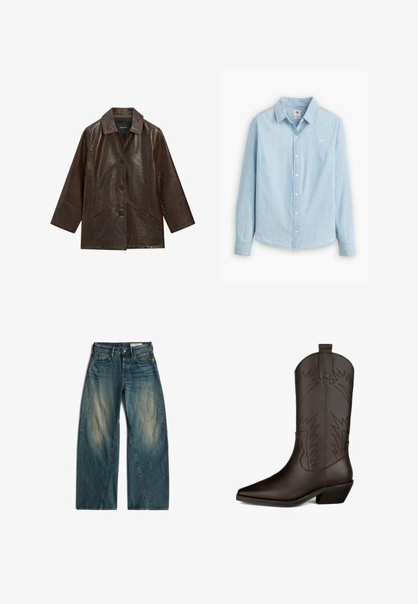 Donkerbruine leren jas met brede kraag, drie knopen aan de voorkant en twee schuine voorzakken, plat weergegeven tegen een witte achtergrond.; Lichtblauwe overhemdbloes gemaakt van zacht denimstof. Heeft een klassieke kraag en lange mouwen, met een klein logo op de borst.; Blauwe wijde jeans met vervaagde plekken op de dijen, voorzakken, riemlussen en knoopsluiting in de taille, plat gelegd op een witte achtergrond.; Bruine leren cowboylaars met een puntige neus, hoge schacht, decoratieve stiksel dat op bliksemschichten lijkt, en een blokhak.