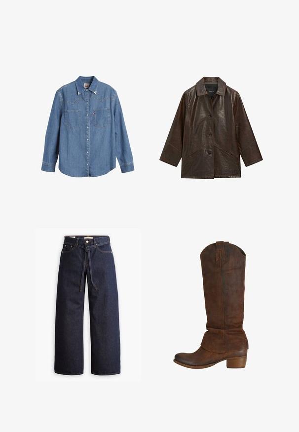 Dunkelbraune Lederjacke mit weitem Kragen, drei vorderen Knöpfen und zwei schrägen vorderen Taschen, flach auf weißem Hintergrund dargestellt.; Hellblaues Denim-Hemd mit langen Ärmeln, spitzem Kragen, zwei Brusttaschen und kontrastierenden Nähten. Verfügt über ein Design mit Westernstil-Yoke.; Weite, dunkelblaue Jeans aus Denim mit hoher Taille, ausgestattet mit einem Kordelzug, fünf Taschen und kontrastierenden Nähdetails.; Braune Wildleder kniehohe Stiefel mit runder Zehenpartie, lässigem Schaft und blockiertem Absatz. Auffällige Kontrastnähte entlang der Nähte.
