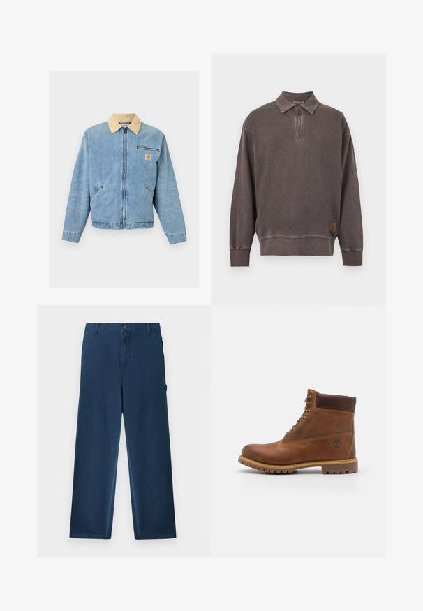 Veste en jean bleu clair avec col beige, fermeture éclair frontale, deux poches basses, poche zippée horizontale et écusson logo Carhartt sur la poitrine.; Sweat-shirt à manches longues gris foncé avec fermeture éclair quart, col, poignets et ourlet côtelés, et petite étiquette logo près de l'ourlet inférieur.; Pantalon en velours côtelé bleu marine à jambes droites, avec passants de ceinture, bouton avant, fermeture éclair et poches latérales.; Botte de randonnée en cuir marron avec une finition lisse, cheville rembourrée, œillets en métal et semelle en caoutchouc dotée d'un motif de crampons robuste.