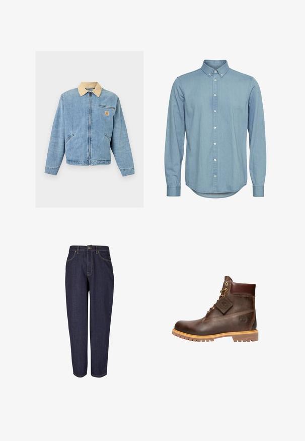 Lichtblauwe spijkerjas met beige kraag, ritssluiting aan de voorkant, twee onderste zakken, horizontale ritssluitingzak en Carhartt-logo op de borst.; Lichtblauw denim overhemd met een button-down kraag, lange mouwen en een gebogen zoom. Voorzien van een voorpaspel met witte knopen.; Donkerdenim jeans met een recht gesneden ontwerp, voorzien van traditionele vijf-pocket styling, subtiele gouden stiksels en een metalen knoopsluiting.; Bruine leren enkelboot met een ronde neus, stevige zool, hardware in goudkleur en een gestructureerde bovenkant. Inclusief een merklabel dat is bevestigd.
