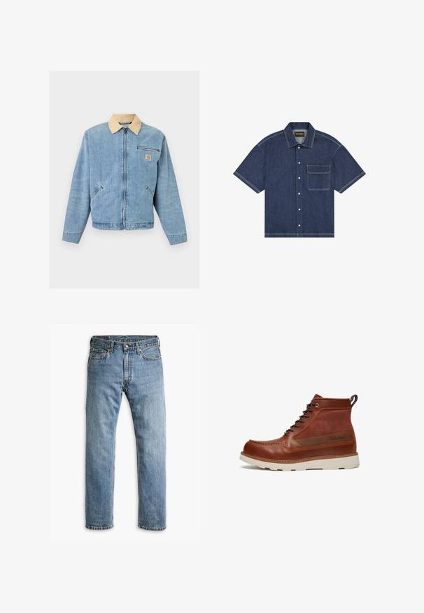 Veste en jean bleu clair avec col beige, fermeture éclair frontale, deux poches basses, poche zippée horizontale et écusson logo Carhartt sur la poitrine.; Chemise courte en denim bleu foncé à manches courtes avec boutonnage avant, col pointu, poche poitrine à rabat et surpiqûres contrastantes.; Jeans en denim bleu à jambe droite avec cinq poches, passants de ceinture et fermeture à bouton en métal sur un fond blanc.; Timberland Bottines à lacets - rust copper