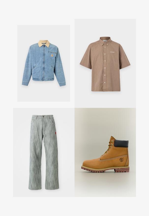 Lyseblå denimjakke med beige krave, lynlås foran, to nederste lommer, vandret lynlåslomme og Carhartt-logo på brystet.; Brun og creme kortærmet skjorte med knapper, et gittermønster, krave og broderet logo på venstre bryst.; Lys grå lige ben jeans med for- og baglommer, knaplukning og et lille rødt stofmærke på højre side.; Brun læderankelstøvle med sort krave, gule snørebånd og tanfarvet sål. Har logo og hvide syninger som detalje. Robust ydersål med greb.