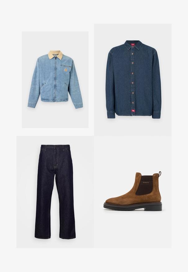 Lyseblå denimjakke med beige krave, lynlås foran, to nederste lommer, vandret lynlåslomme og Carhartt-logo på brystet.; Mørkeblå denimskjorte med knapper, spids krave, lange ærmer og kobberknapper. Har et lille rødt mærke på venstre side.; Mørkeblå lige ben denim jeans med forlommer, bæltestropper, lynlås og knaplukning, præsenteret foran en simpel hvid baggrund.; Brune ruskind ankelstøvle med rund tå og elastiske sidepaneler. Har en sort tekstureret accent og en løkke på bagenden. Sort sål.