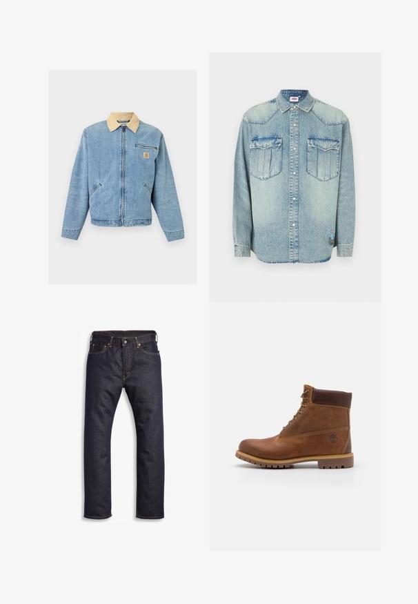 Hellblaue Denim-Jacke mit beigen Kragen, Frontreißverschluss, zwei unteren Taschen, horizontaler Reißverschlusstasche und Carhartt-Logo auf der Brust.; Hellblaues Jeanshemd mit langen Ärmeln, Druckknopfverschluss, spitzem Kragen, zwei Brusttaschen und Markenpatch auf der unteren Seite.; Dunkelblaue Jeans aus Denim mit geradem Schnitt, Fünf-Taschen-Design, metallischen Komponenten und kontrastierenden orangen Nähten. Glatte Textur, keine sichtbaren Muster.; Braune Lederwanderschuhe mit glatter Oberfläche, gepolstertem Knöchel, Metallösen und einer Gummisohle mit robustem Profil.