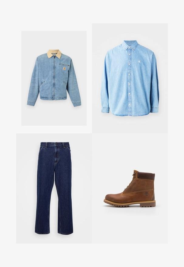 Lyseblå denimjakke med beige krave, lynlås foran, to nederste lommer, vandret lynlåslomme og Carhartt-logo på brystet.; Lysel blå denim skjorte med knapper og lange ærmer, spids krave og et lille logo på venstre bryst. Har en afslappet pasform og klassisk design.; Mørkeblå denim jeans med lige ben-design, der har knaplukning, fem lomme-stil og diskrete syninger.; Brun læder vandrestøvle med en glat finish, polstret ankel, metalliske snørehuller og en gummisål med et robust dækmønster.