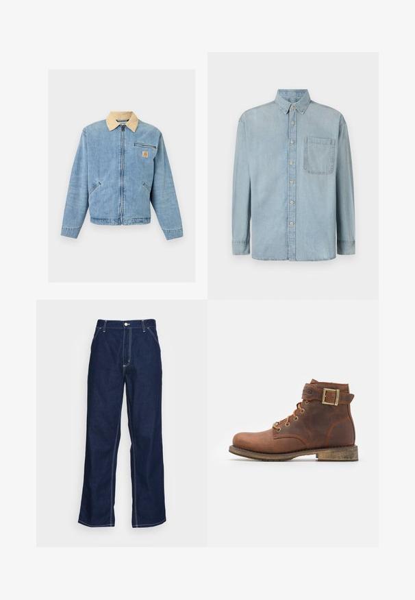 Hellblaue Denim-Jacke mit beigen Kragen, Frontreißverschluss, zwei unteren Taschen, horizontaler Reißverschlusstasche und Carhartt-Logo auf der Brust.; Hellblaue Denim-Hemd mit langen Ärmeln, Knopfleiste und einer einzelnen Brusttasche. Verfügt über einen klassischen Kragen und Standardmanschetten.; Dunkelblaue Denim-Hosen mit weitem Bein, hoher Taille, Fronttaschen und kontrastierendem weißen Nähten entlang der Säume.; Harley Davidson VNTGMOTO SHORT RIDING APPROVED - Cowboy-/Bikerstiefelette - brown