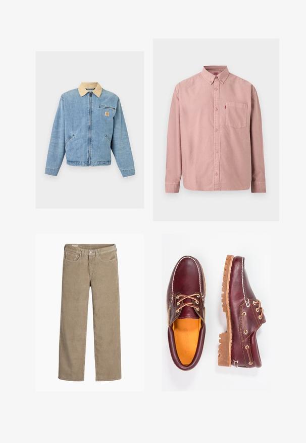 Veste en jean bleu clair avec col beige, fermeture éclair frontale, deux poches basses, poche zippée horizontale et écusson logo Carhartt sur la poitrine.; Chemise rose à manches longues avec boutons, poche avant et col boutonné, présentée sur un fond uni.; Pantalon en velours côtelé de couleur brun clair, au design ample, doté d'une fermeture à bouton et à zip, de cinq poches et d'une texture douce et côtelée.; Chaussures en cuir bourgogne avec semelles en caoutchouc marron, bout rond, couture blanche et œillets dorés. L'intérieur présente une doublure jaune.