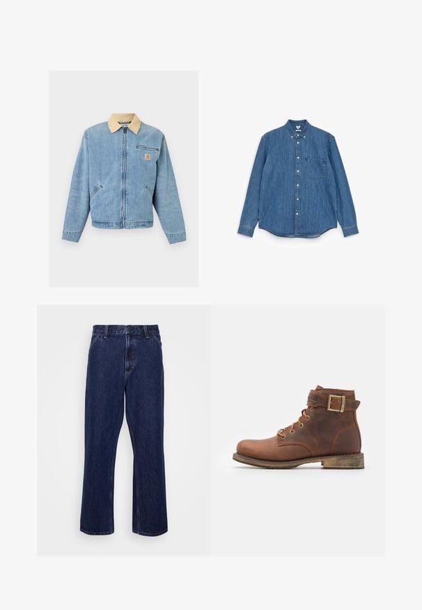 Lichtblauwe spijkerjas met beige kraag, ritssluiting aan de voorkant, twee onderste zakken, horizontale ritssluitingzak en Carhartt-logo op de borst.; Blauwe denim overhemd met lange mouwen, een puntige kraag, witte knopen, één borstzak en een rechte zoom. Egaal textuur en gemiddeld gewicht.; Donkerblauwe denim jeans met een recht-uitlopende pasvorm, voorzien van een knoopsluiting, vijf zakken en subtiele stikseldetails.; Harley Davidson VNTGMOTO SHORT RIDING APPROVED - Cowboy-/Bikerlaarsjes - brown