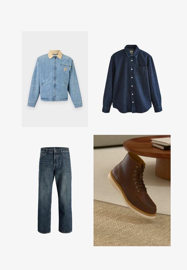 Chaqueta de mezclilla azul claro con cuello beige, cremallera frontal, dos bolsillos inferiores, bolsillo horizontal con cremallera y parche con el logo de Carhartt en el pecho.; Camisa de mezclilla azul oscuro de manga larga con botones, cuello y un bolsillo en el pecho, mostrada sobre fondo blanco.; Jeans de mezclilla en azul oscuro con un corte suelto, que cuentan con un diseño de cinco bolsillos, cierre de botón y cremallera, y detalles de costura visibles.; Botín de cuero marrón con suela beige sobre una alfombra beige texturizada al lado de una mesa redonda de madera con libros apilados.