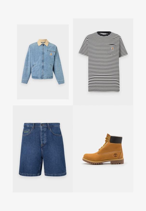 Lyseblå denimjakke med beige krave, lynlås foran, to nederste lommer, vandret lynlåslomme og Carhartt-logo på brystet.; Sort-hvidt stribet t-shirt med rund hals, korte ærmer og venstre brystlomme med logo-patch. Blødt bomuldstof.; Denimshorts i mørkeblå med en klassisk pasform, der har forlommer, bæltestropper og et synligt mærke på venstre lomme.; Brune læder ankelstøvle med metaløjer, hvid pelsforing, sort polstret krave, robust sål og præget logo på siden.