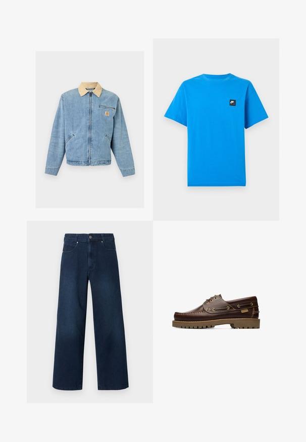 Lyseblå denimjakke med beige krave, lynlås foran, to nederste lommer, vandret lynlåslomme og Carhartt-logo på brystet.; Lyseblå T-shirt med korte ærmer, rund hals og lille sort Nike Air-logo på venstre bryst.; Mørkeblå, vidde jeans med knap- og lynlåslukning foran, for- og baglommer, vist mod en hvid baggrund.; Brune læder snørelæderbådssko med syede detaljer og tyk gummisål, set fra siden.