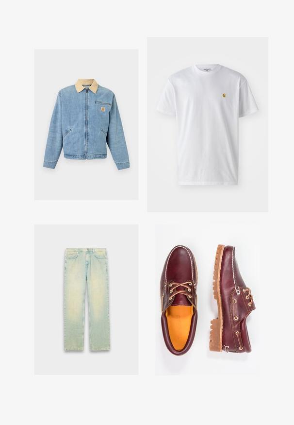 Lyseblå denimjakke med beige krave, lynlås foran, to nederste lommer, vandret lynlåslomme og Carhartt-logo på brystet.; Hvid bomulds t-shirt med korte ærmer, rund hals og et lille guld logo på venstre brystområde. Blød tekstur og almindelig pasform.; Lyseblå denimjeans med løs pasform, fem lommer, lynlås og en slidt finish langs lår og knæ.; Bordeaux lædersko med brune gummisåler, rund tå, hvid syning og gyldne snøringer. Indersiden har et gult for.