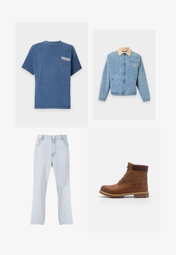 Chaqueta de mezclilla azul claro con cuello beige, cremallera frontal, dos bolsillos inferiores, bolsillo horizontal con cremallera y parche con el logo de Carhartt en el pecho.; Camiseta casual azul de algodón, con mangas cortas y cuello redondo; tiene el logo "Paradiso Hotel" impreso en el lado izquierdo del pecho.; Vaqueros de mezclilla azul claro con piernas rectas, cierre delantero con botón y cremallera, y diseño de cinco bolsillos.; Botas de senderismo de cuero marrón con un acabado suave, tobillo acolchado, ojales de metal y suela de goma con un patrón de tracción robusto.