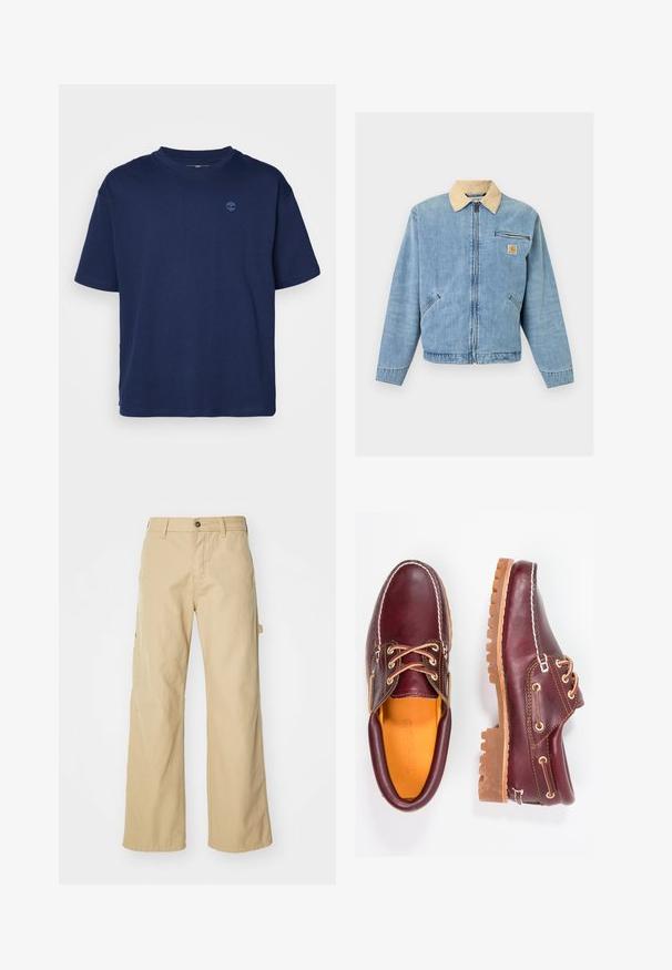 Lyseblå denimjakke med beige krave, lynlås foran, to nederste lommer, vandret lynlåslomme og Carhartt-logo på brystet.; Marineblå bomulds T-shirt med rund halsudskæring, korte ærmer og et lille, tonalt logo på brystet. Casual pasform, glat tekstur.; Beige brede cargo bukser med knaplukning, der har sidelommer, lavet af slidstærkt bomuldsstof, glat tekstur og lige skæring.; Bordeaux lædersko med brune gummisåler, rund tå, hvid syning og gyldne snøringer. Indersiden har et gult for.