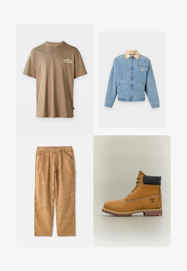 Svetlomodrá rifľová bunda s béžovým golierom, predným zipsom, dvomi spodnými vreckami, horizontálnym vreckom na zips a nášivkou s logom Carhartt na hrudi.; Hnedé bavlnené tričko s okrúhlym výstrihom, krátkymi rukávmi a bielym logom s nápisom "Dickies Workwear" na oblasti ľavej hrude.; Béžové bavlnené nohavice s voľným strihom, s viditeľnými švami, detailmi z látkových záplat a mierne pokrčenou textúrou.; Hnedá kožená členková členková obuv s čiernym golierom, žltými šnúrkami a béžovou podrážkou. Má logo a biele prešívanie. Hrubá podrážka s dobrým záberom.