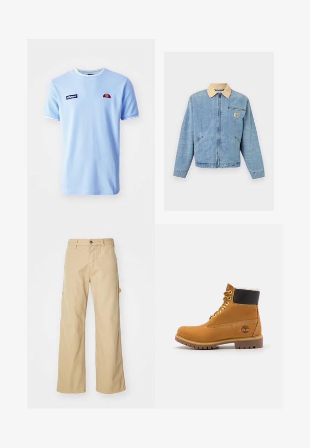 Hele sinine teksajakk beežikaelusega, eesmine tõmblukk, kaks alumist taskut, horisontaalne tõmblukuga tasku ja Carhartti logo rinnal.; Ellesse BELVIDER TEE - Trükipildiga T-särk - light blue; Beežid laiad cargo püksid nööpidega sulgemisega, küljetaskudega, valmistatud vastupidavast puuvillast kangast, siledat tekstuuri ja sirge lõikega.; Pruun nahast pahkluu saabas metallist silmadega, valge karvane vooder, must pehmendatud krae, robustne tallal ja küljes reljeefne logo.